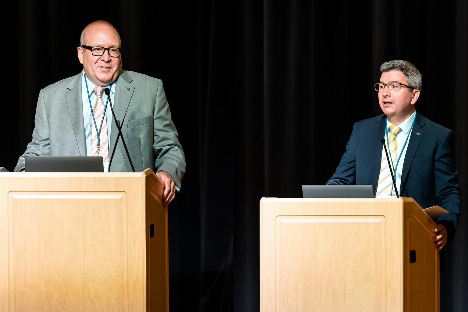 Dr. David Gorsich (left) and left) and Prof. Bogdan Epureanu (right) on stage in front of a black curtain, talking behind a podium. 