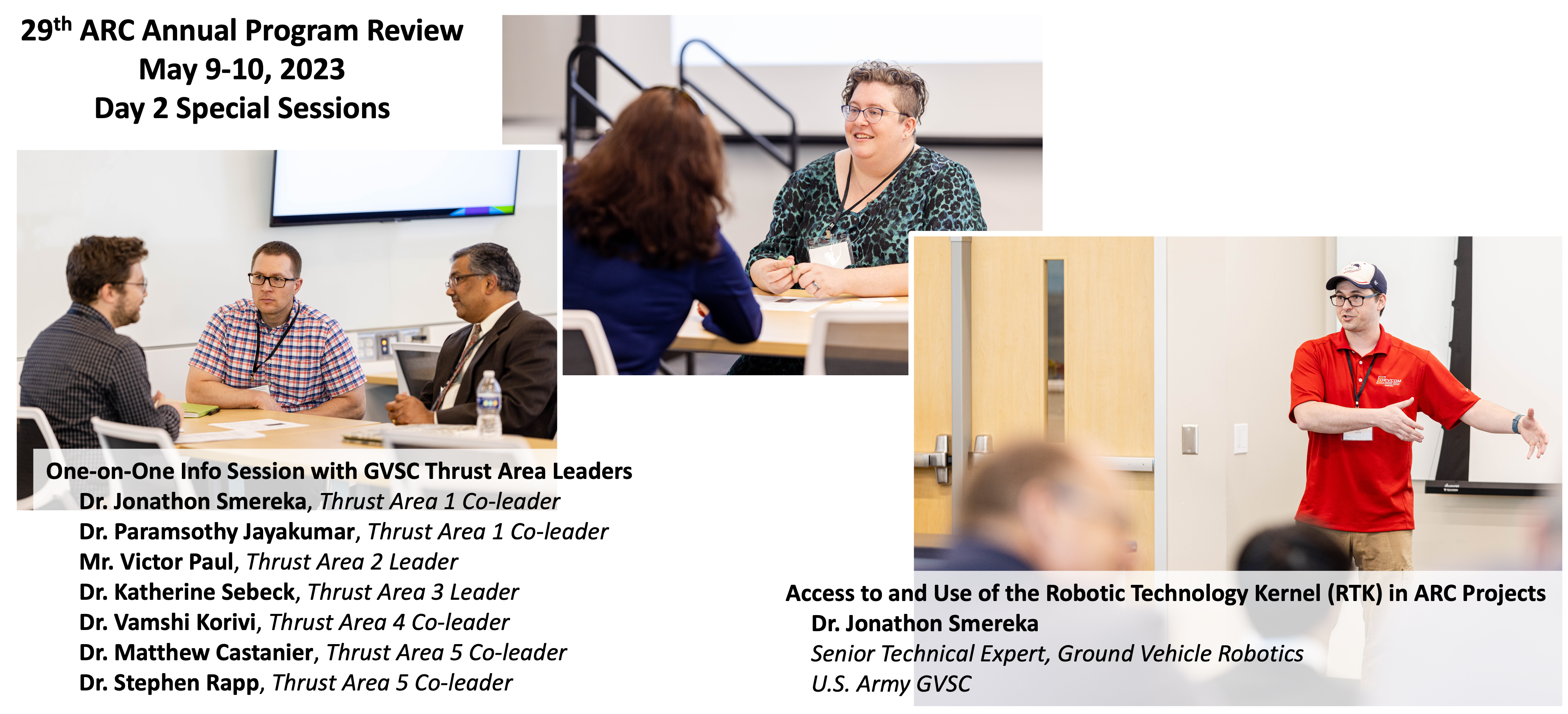 Special sessions at 2023 annual review: one-on-one chats with ARC thrust area leaders, and an info session on Access to and Use of the Robotic Technology Kernel (RTK) in ARC Projects