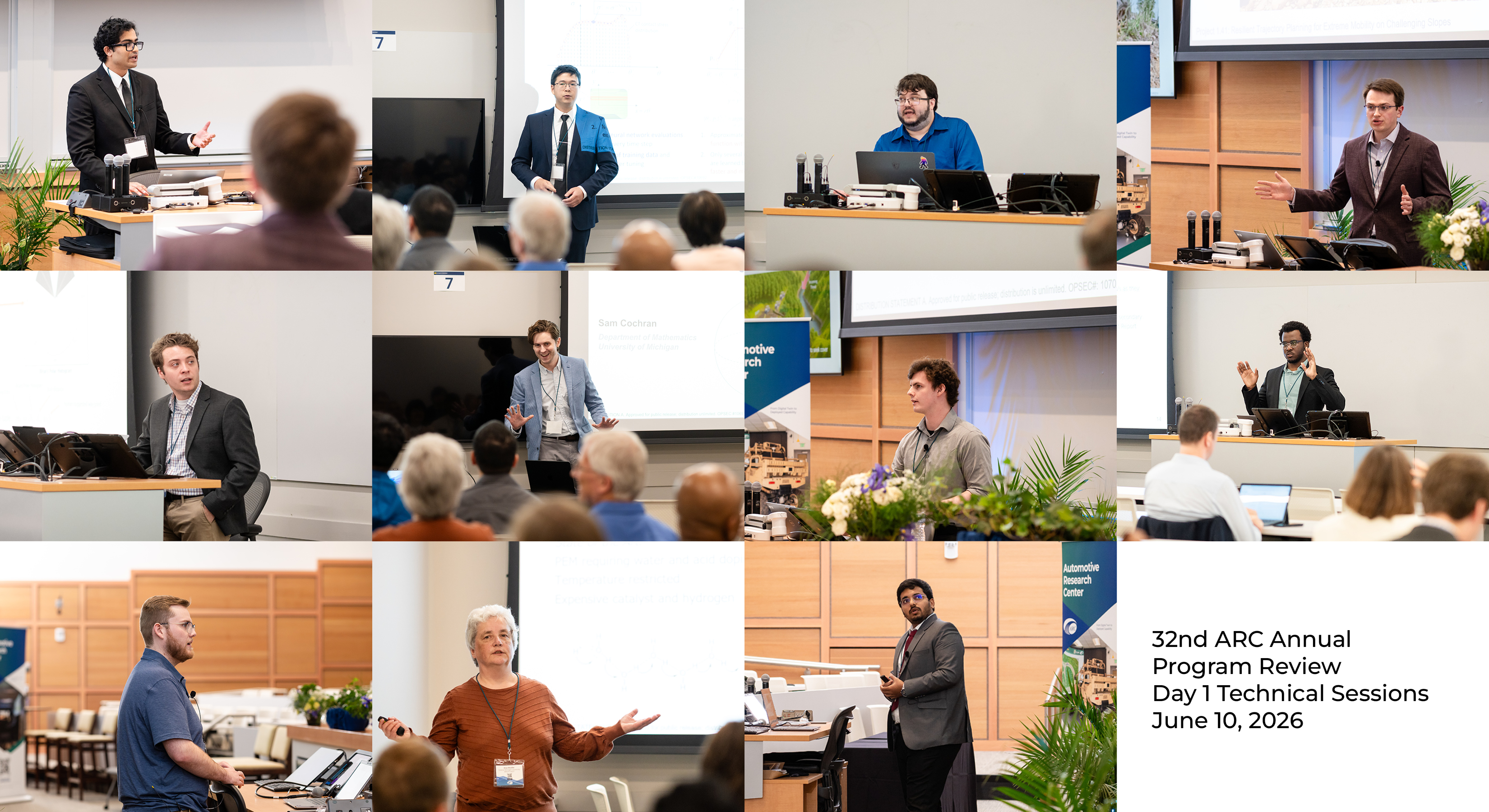 Collage of multiple presenters speaking during technical sessions in various classrooms, with audiences seated and listening at the event.