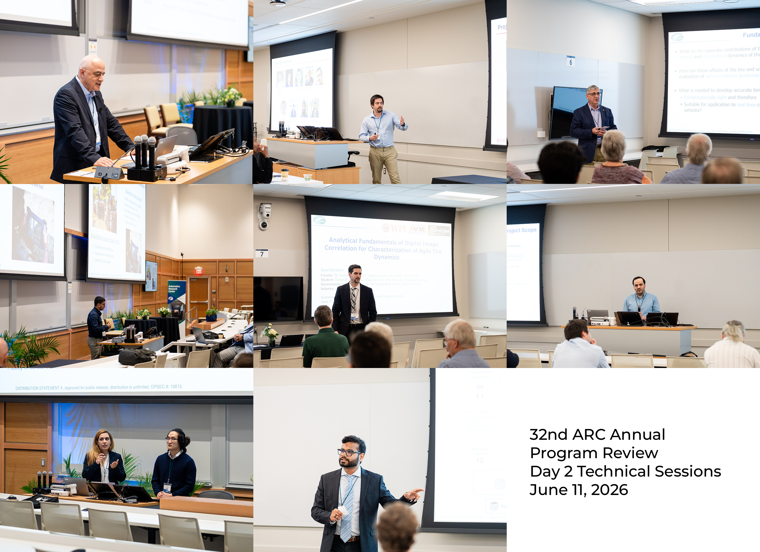 Collage of multiple presenters speaking during technical sessions in various classrooms, with audiences seated and listening at the event.