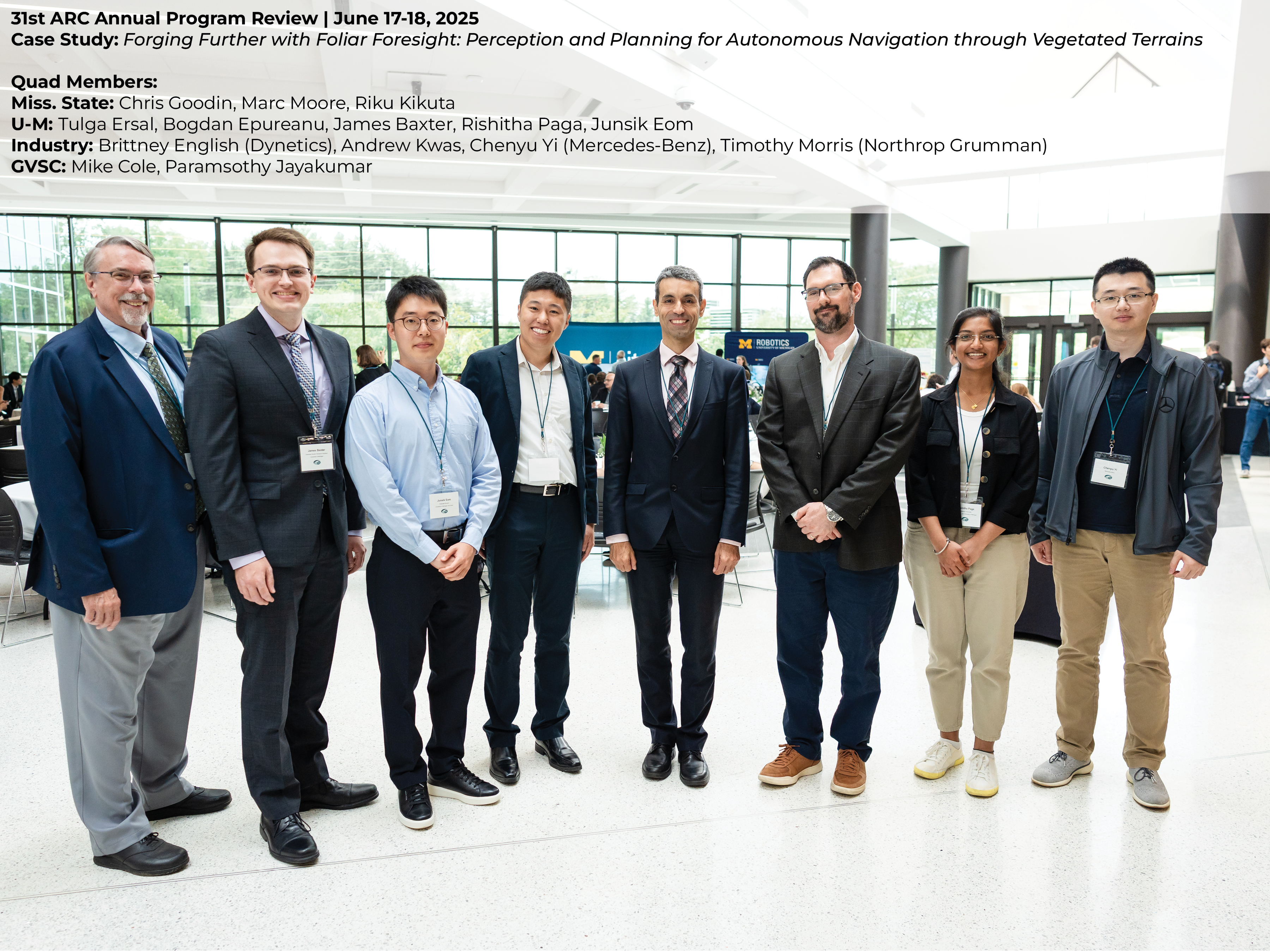 Group photo in bright atrium featuring the group who presented on the Case Study: “Forging Further with Foliar Foresight: Perception and Planning for Autonomous Navigation through Vegetated Terrains.