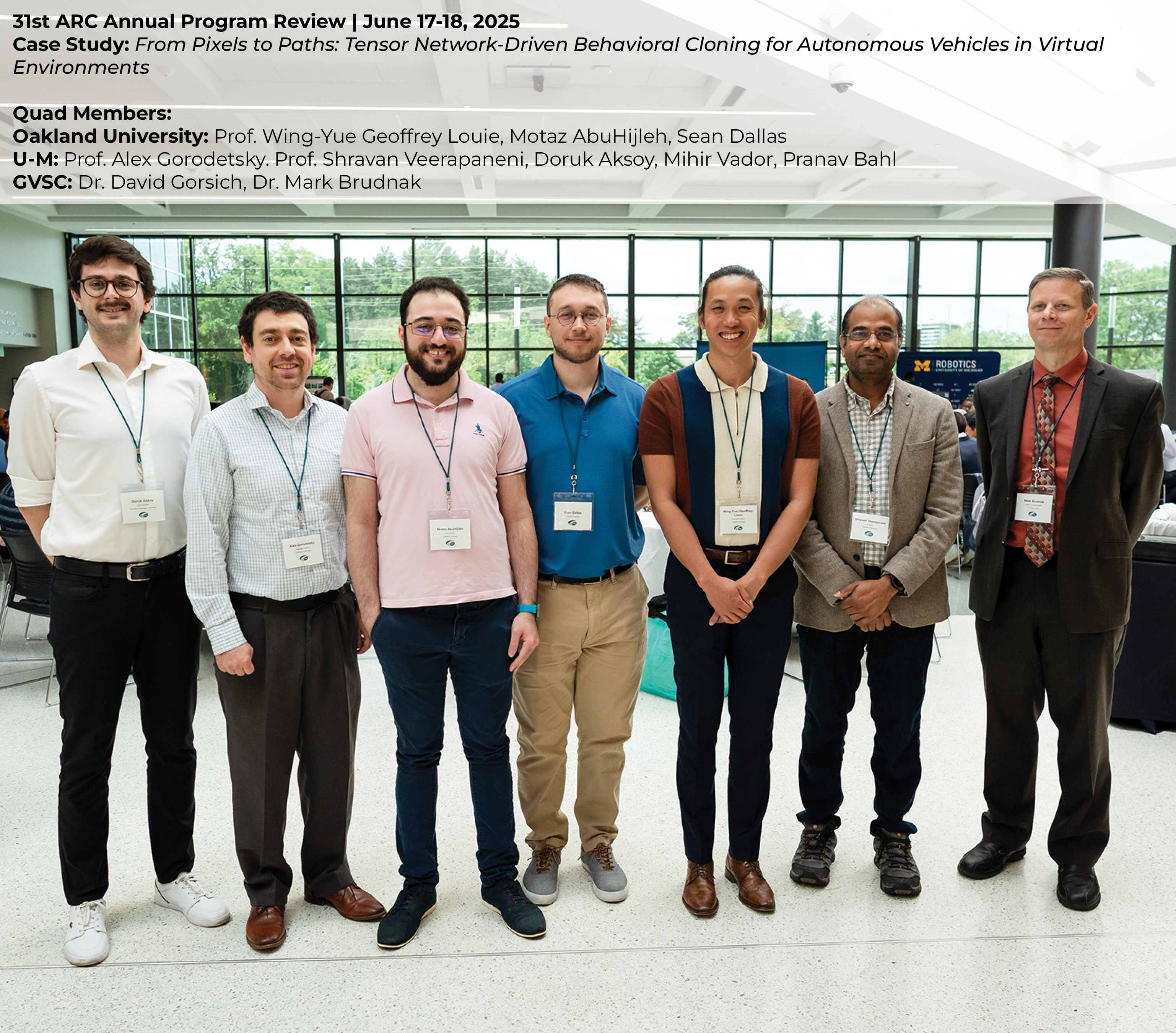Group photo in bright atrium featuring the group who presented on the Case Study: “From Pixels to Paths: Tensor Network-Driven Behavioral Cloning for Autonomous Vehicles in Virtual  Environments”
