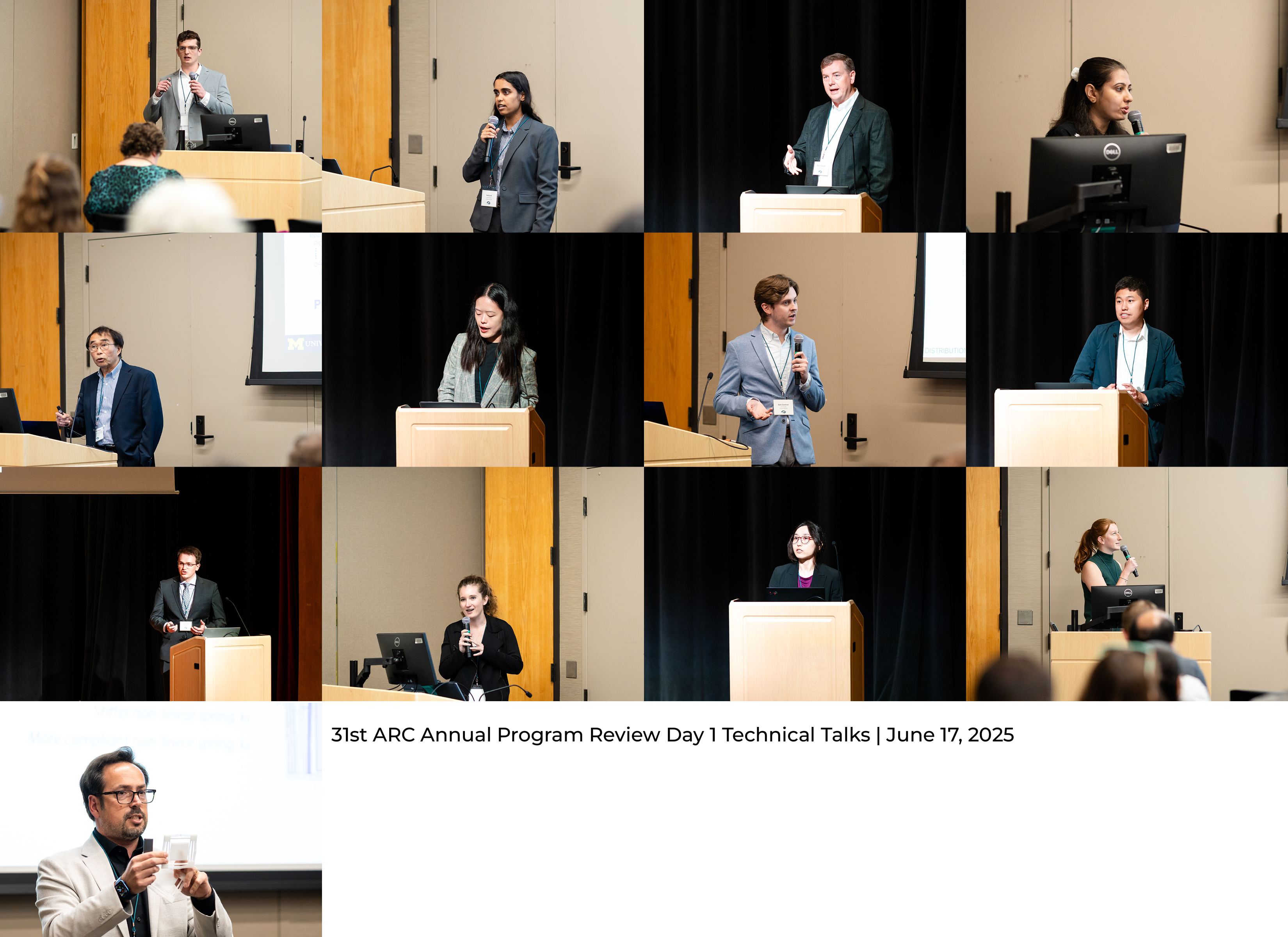 A collage of speakers presenting in various classroom and on stage during their technical presentations on various topics related to the ARC