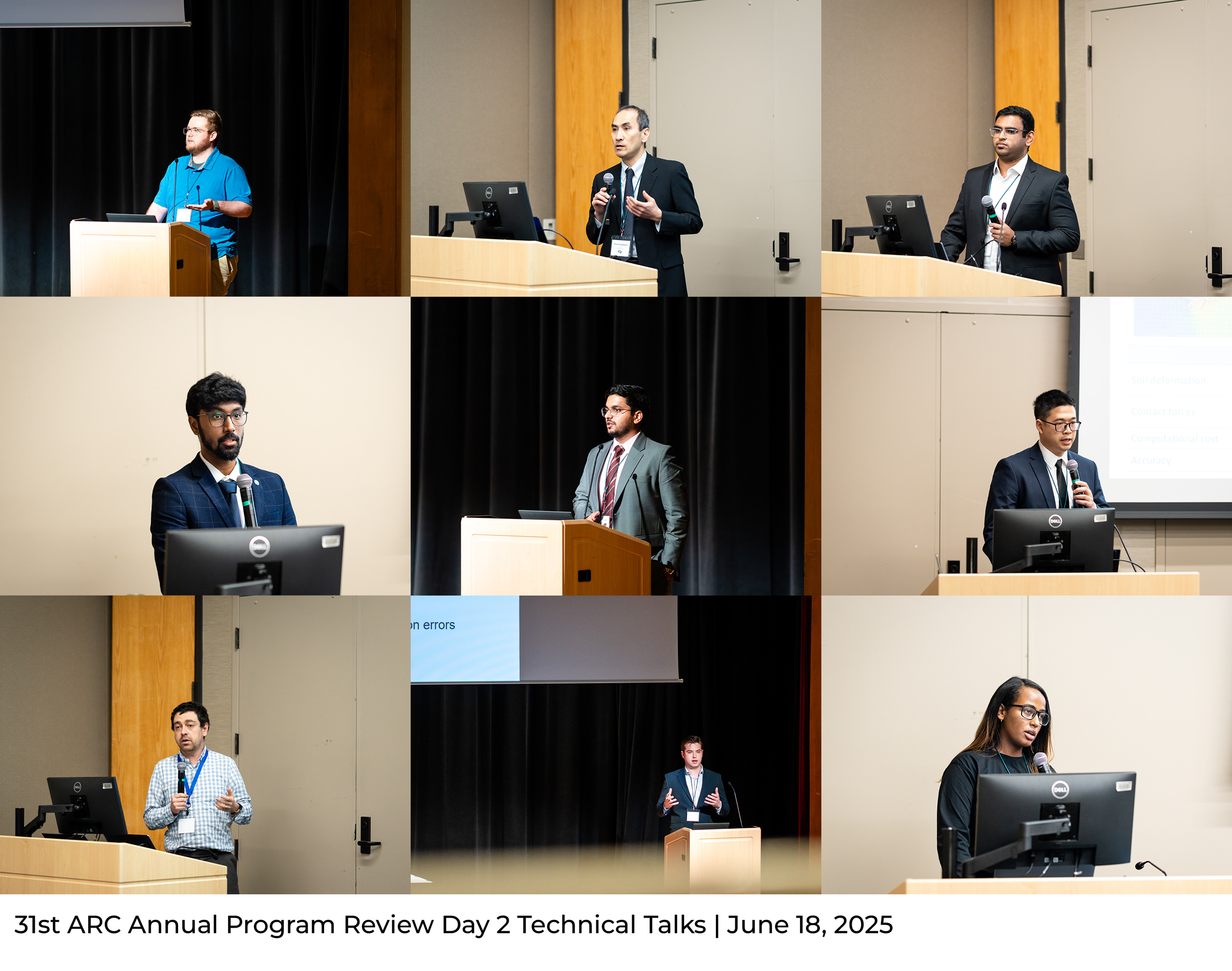 A collage of speakers presenting in various classroom and on stage during their technical presentations on various topics related to the ARC