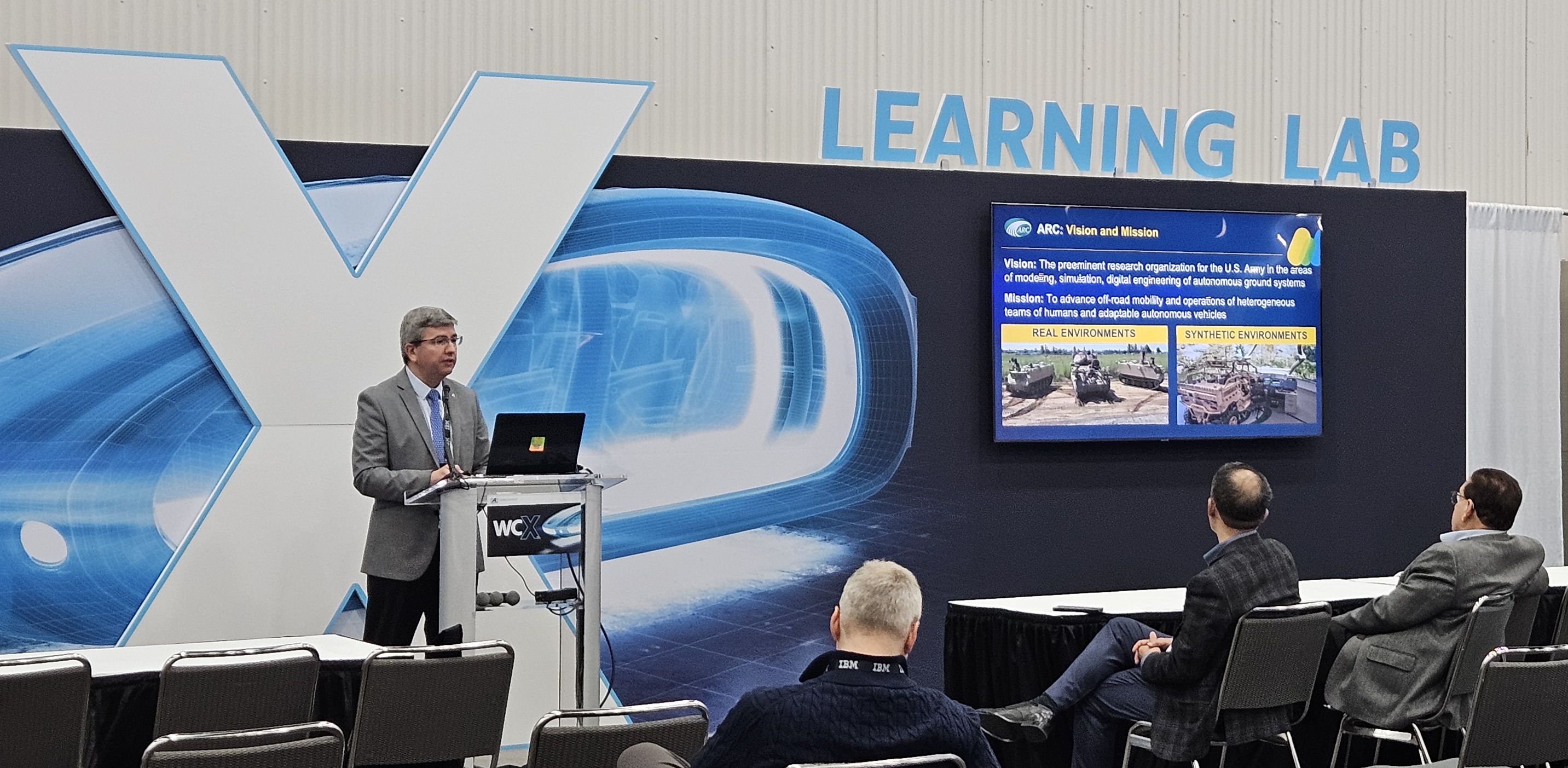 Professor Bogdan I. Epureanu, Director of the U.S. Army Automotive Research Center (ARC) and Roger L. McCarthy Professor at the University of Michigan, delivers a featured presentation on “Mobility at Michigan” during the SAE WCX 2025 Learning Lab in Detroit. Photo credit: University of Michigan.