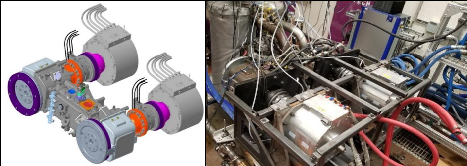 proof of concept 1.6L opposed piston engine from Achates Power was hybridized with two electric motors, in place of the conventional gear train connecting the engine crankshafts, and installed in the University of Michigan Autolab