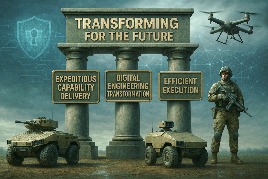A graphic image showing three columns with one overarching column. Overarching column states “Transforming for the Future”, left column states “expeditious capability delivery”, center column states “Digital Engineering Transformation”, right column states “efficient execution”. In front of the columns are two army vehicles, a soldier, and a drone flying above with a technical background. 